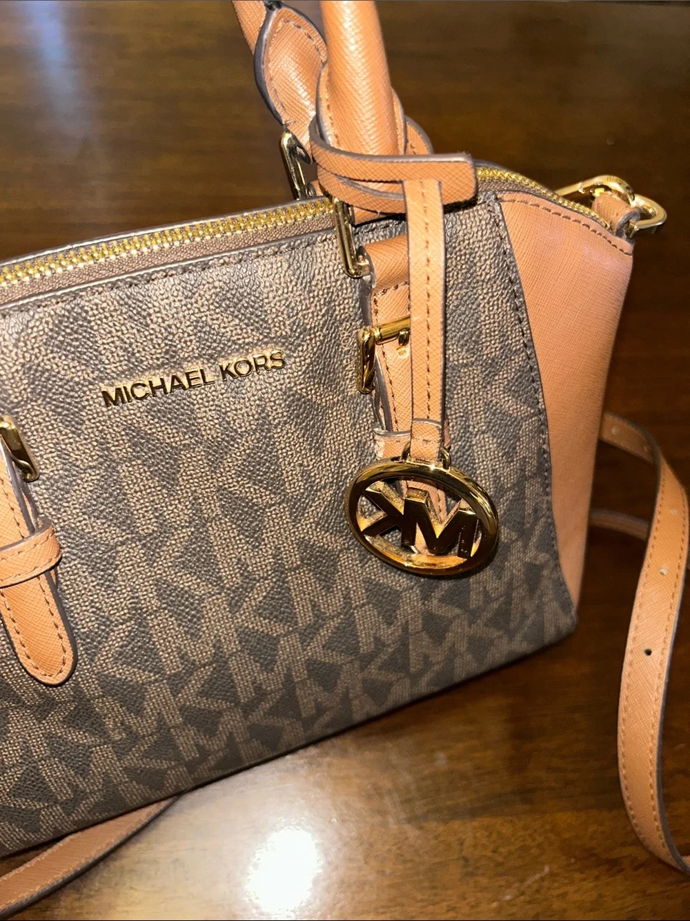 Michael Kors Brown MK Logo Satchel with Tan Accents